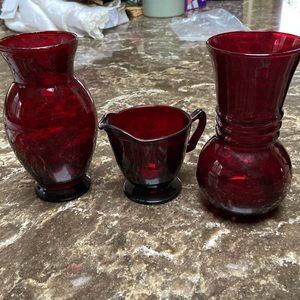 3 vintage red glass vases & creamer